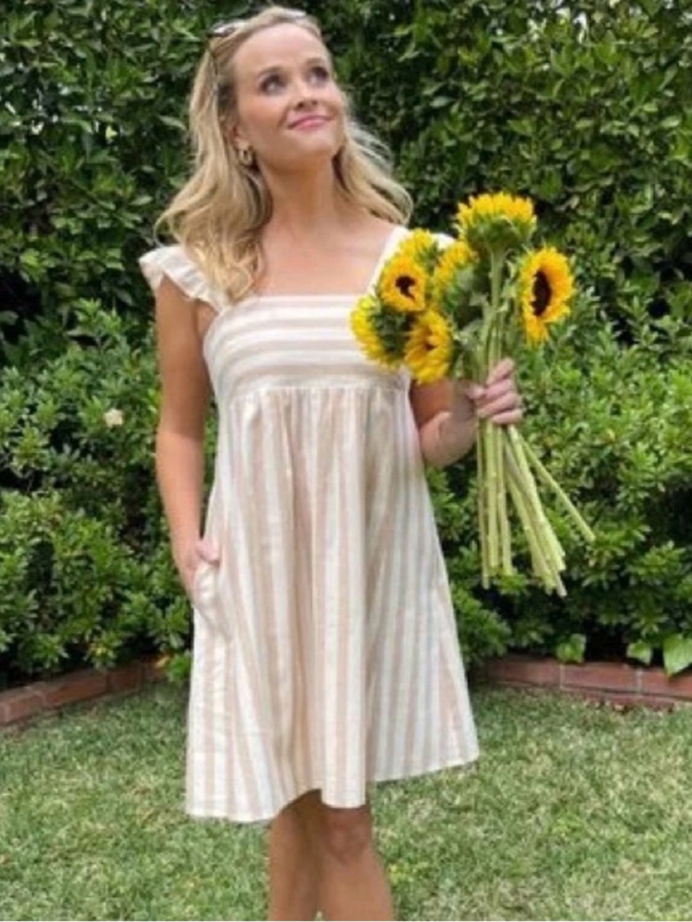 Draper James Maddie Babydoll Dress in Tan/Cream Cabana Stripe size XS.